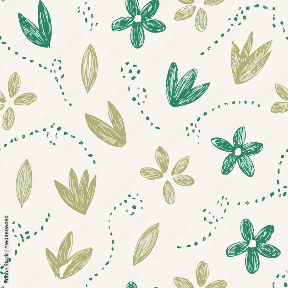 Seamless Hand-Drawn Floral and Leaf Pattern in Crayon Style Seamless Hand-Drawn Floral and Leaf Pattern in Crayon Style