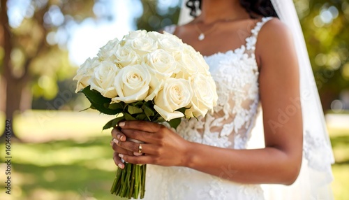 Bride holding a large bouquet of white roses outdoors