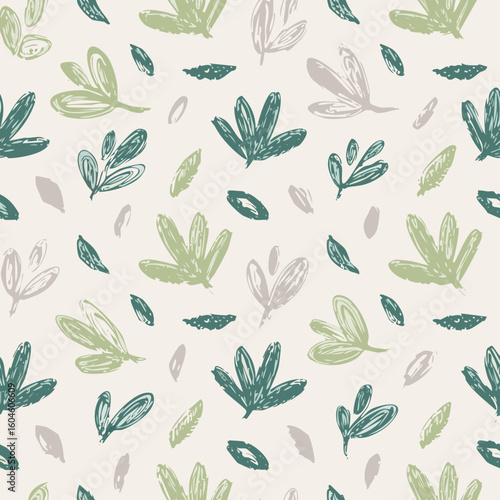 Seamless Hand-Drawn Floral and Leaf Pattern in Crayon Style
