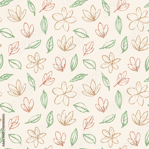 Seamless Hand-Drawn Floral and Leaf Pattern in Crayon Style