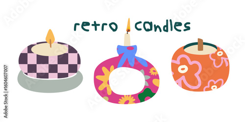 Hygge groovy candles stickers in retro cartoon style. Vintage candles in modern hippie containers. Aromatherapy concept. Hand drawn trendy doodle vector illustration 
