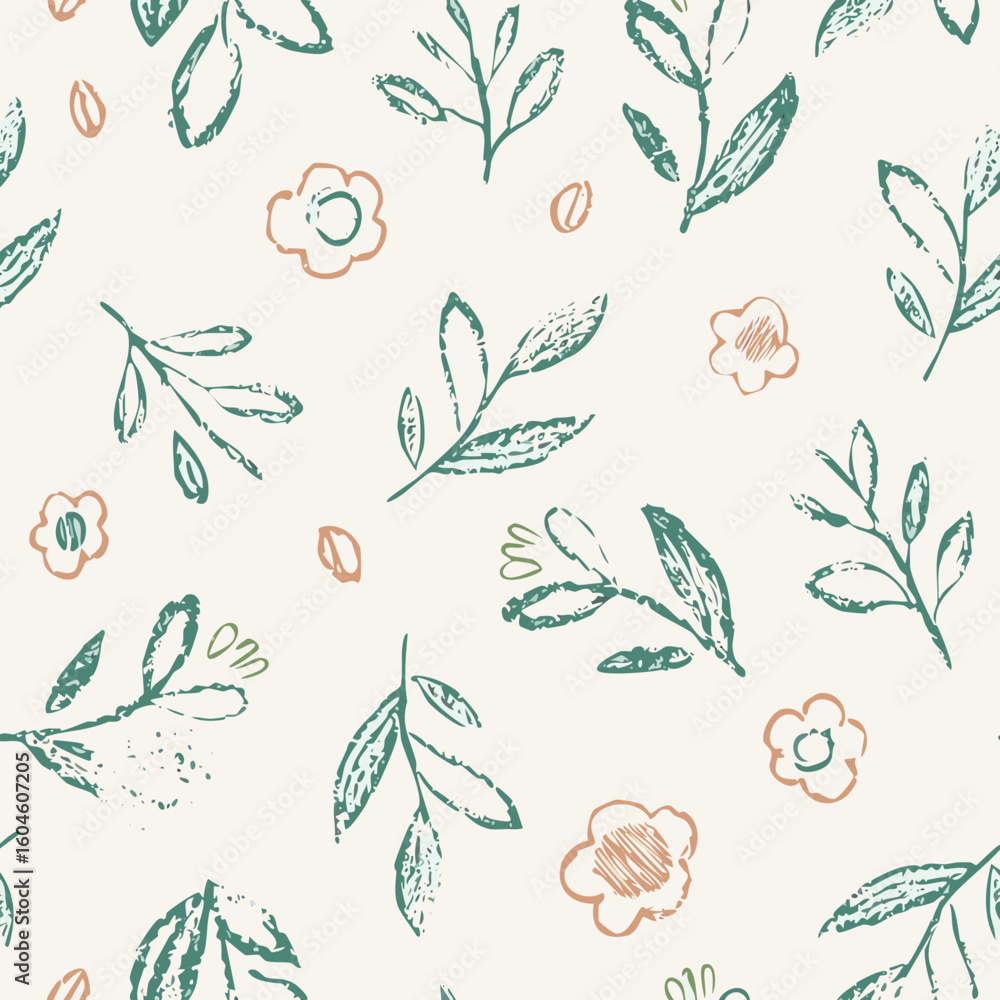 Fototapeta premium Seamless Hand-Drawn Floral and Leaf Pattern in Crayon Style