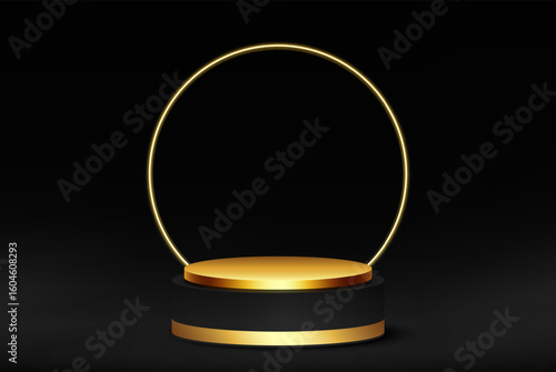 Black and gold luxury podium with glow effect Black room studio with black and gold podium stage Demonstration and advertising of products