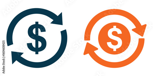 Refund and Money Transfer Icon – Dollar Symbol with Circular Arrows in Blue and Orange Vector