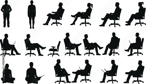 Silhouette of people sitting on office chairs, working on laptops, meditating, relaxing, black vector pose illustration on white background
