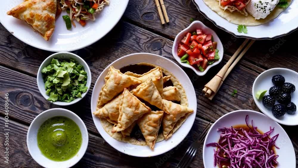 Assorted Vegetarian Dishes with Samosas, Salsa, and Fresh Veggies on Rustic Wooden Table Assorted Vegetarian Dishes with Samosas, Salsa, and Fresh Veggies on Rustic Wooden Table