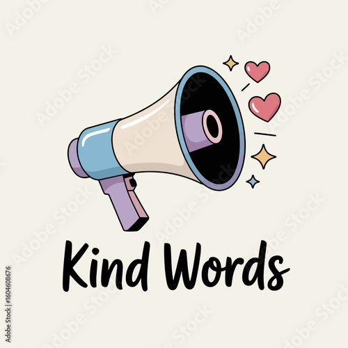 Megaphone spreading kind words and positive vibes with hearts and sparkles illustration