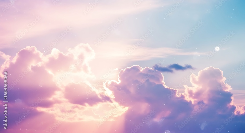 Fototapeta premium Dreamy pastel sky with fluffy clouds illuminated by sunlight, creating a soft, ethereal, and calming atmosphere.