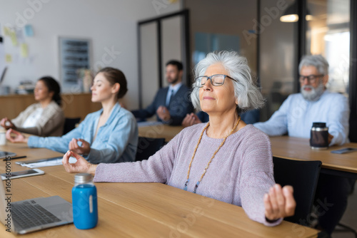 An elderly Hispanic woman leads a mindfulness session for coworkers during lunch, guiding breathing techniques and gentle desk stretches to promote balance, productivity, and stress management in