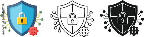 Cybersecurity antivirus protection shield with padlock against virus malware threat