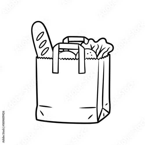 Hand drawn illustration of a grocery bag filled with food items