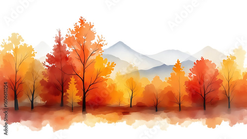 Vibrant Autumn Landscape, Watercolor Painting of Fall Foliage and Mountains