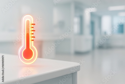 Neon medical thermometer icon in sterile hospital interior – digital temperature monitoring and healthcare technology