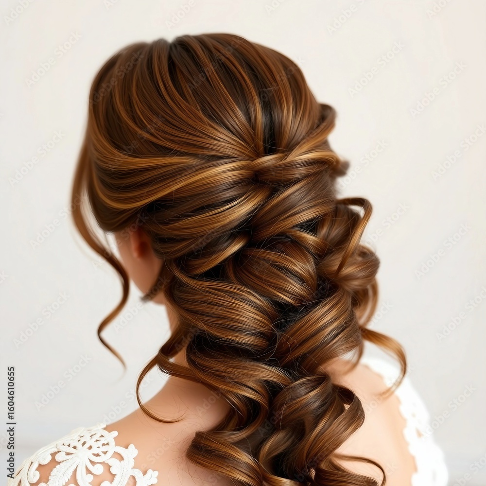 Fototapeta premium Detailaufnahme einer eleganten Brautfrisur mit langen, geflochtenen Locken – von hinten aufgenommen, stilvoll und romantisch.