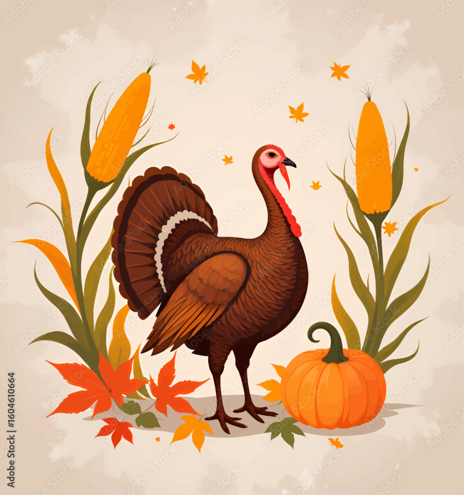 Naklejka premium Autumn Harvest Turkey with Corn and Pumpkin