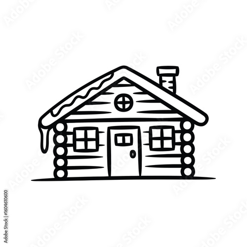 Cozy hand drawn log cabin in winter snow