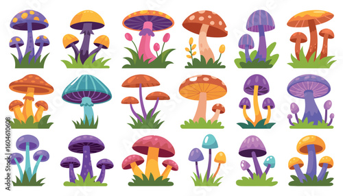 A seamless pattern of diverse flowers and a charming cartoon red toadstool mushroom in grass