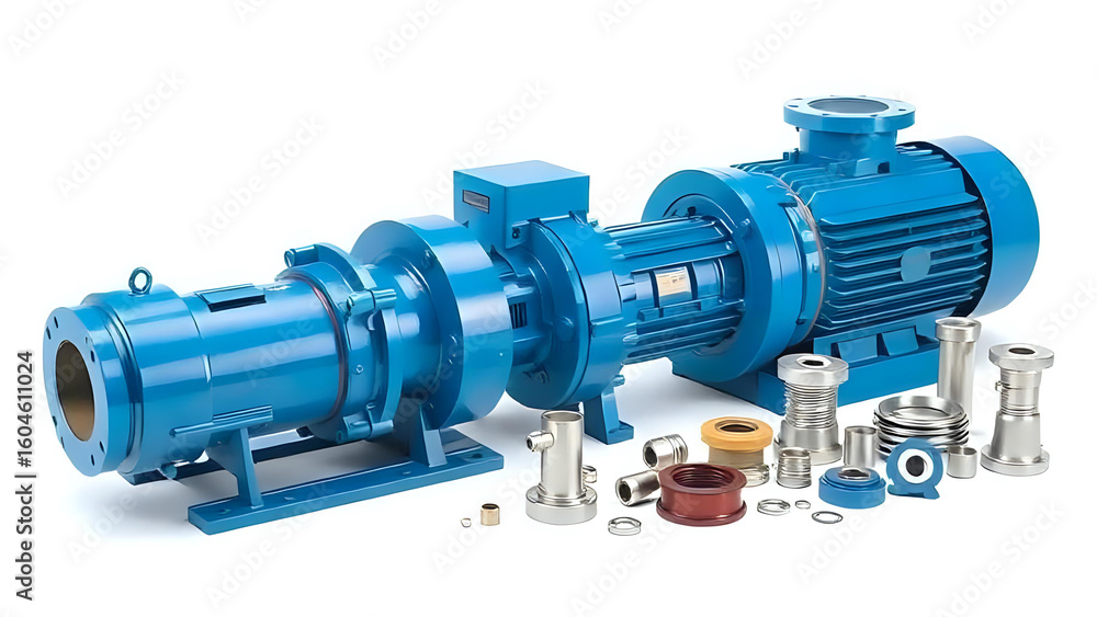 Industrial blue pump and its components showcasing powerful engineering and fluid transfer capabilities in a studio setting Industrial blue pump and its components showcasing powerful engineering and fluid transfer capabilities in a studio setting