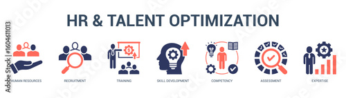 HR and Talent Optimization Modern and clean web banner illustration featuring thematic icons for visual communication