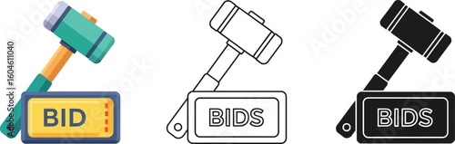 Auction gavel bid icon set vector illustration for online bidding and auction house
