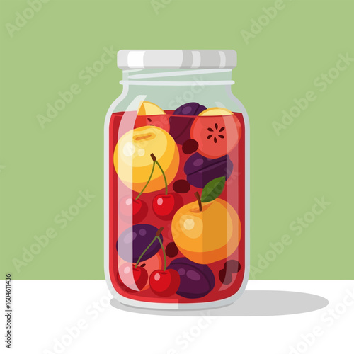Glass Jar Filled with Assorted Fruits in Red Liquid Flat Style