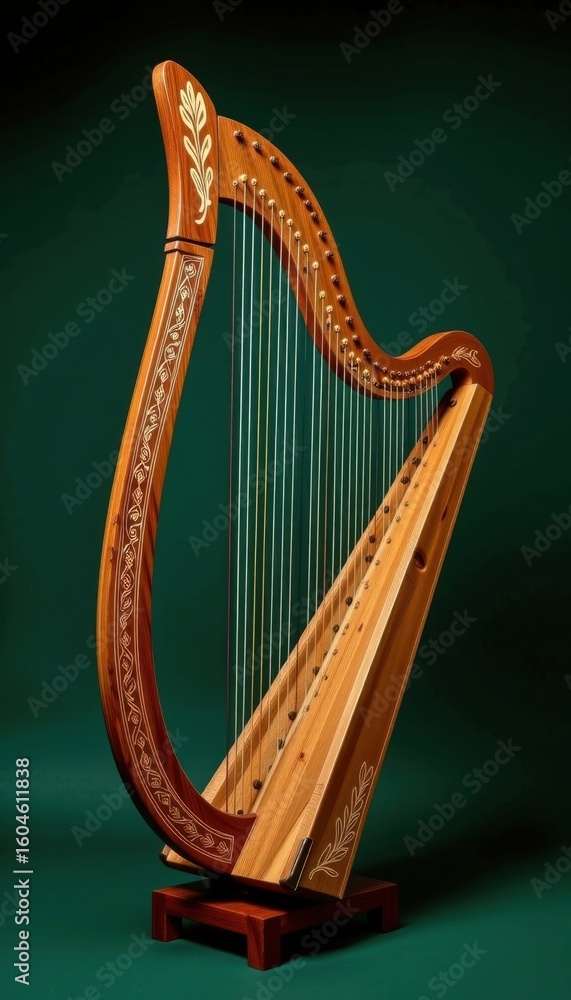 Obraz premium Elegant wooden harp with intricate carvings and numerous sts, showcasing detailed craftsmanship and traditional musical instrument design against a dark green background