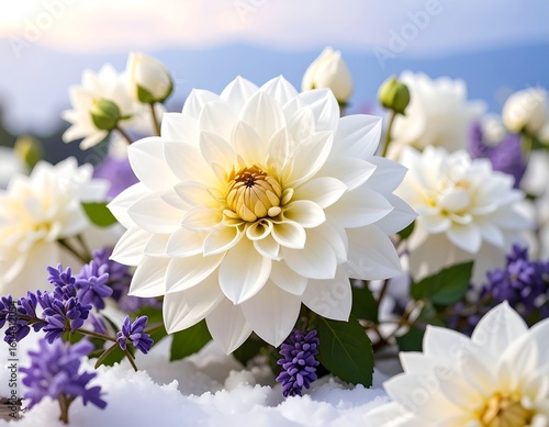 Close-up of white Dahlia flowers with lavender and snow