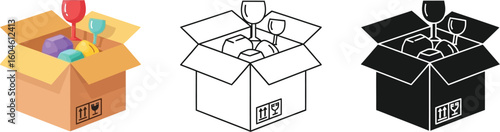 Moving box illustration: packing fragile items safely for relocation and shipping
