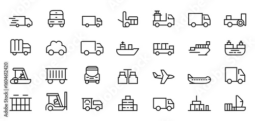 A clean and modern icon set depicting the essential elements of commercial transportation and logistics. Ideal for use in supply chain infographics, logistics dashboards, and distribution apps.