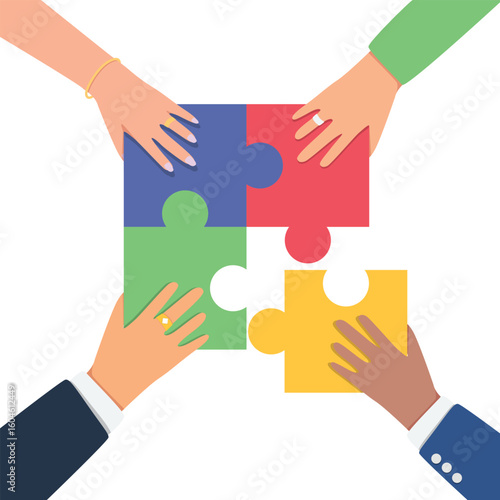 Human hands connecting multicolored puzzles on light background. Coordinated work. Concept of team work, business, community and professional occupation. Vector illustration.