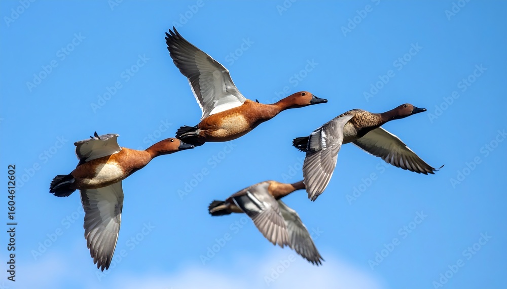 Fototapeta premium Three ducks in flight against a vibrant blue sky