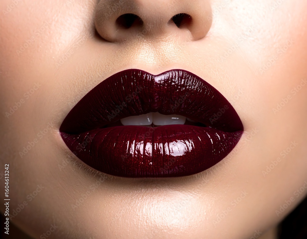 Fototapeta premium Close-up of woman's lips with deep maroon lipstick