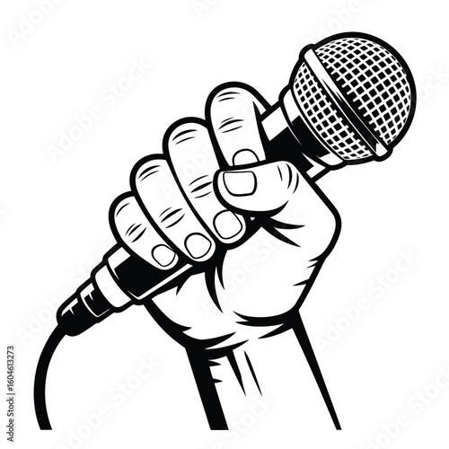 Hand Holding Microphone Vector Illustration in Black and White Style