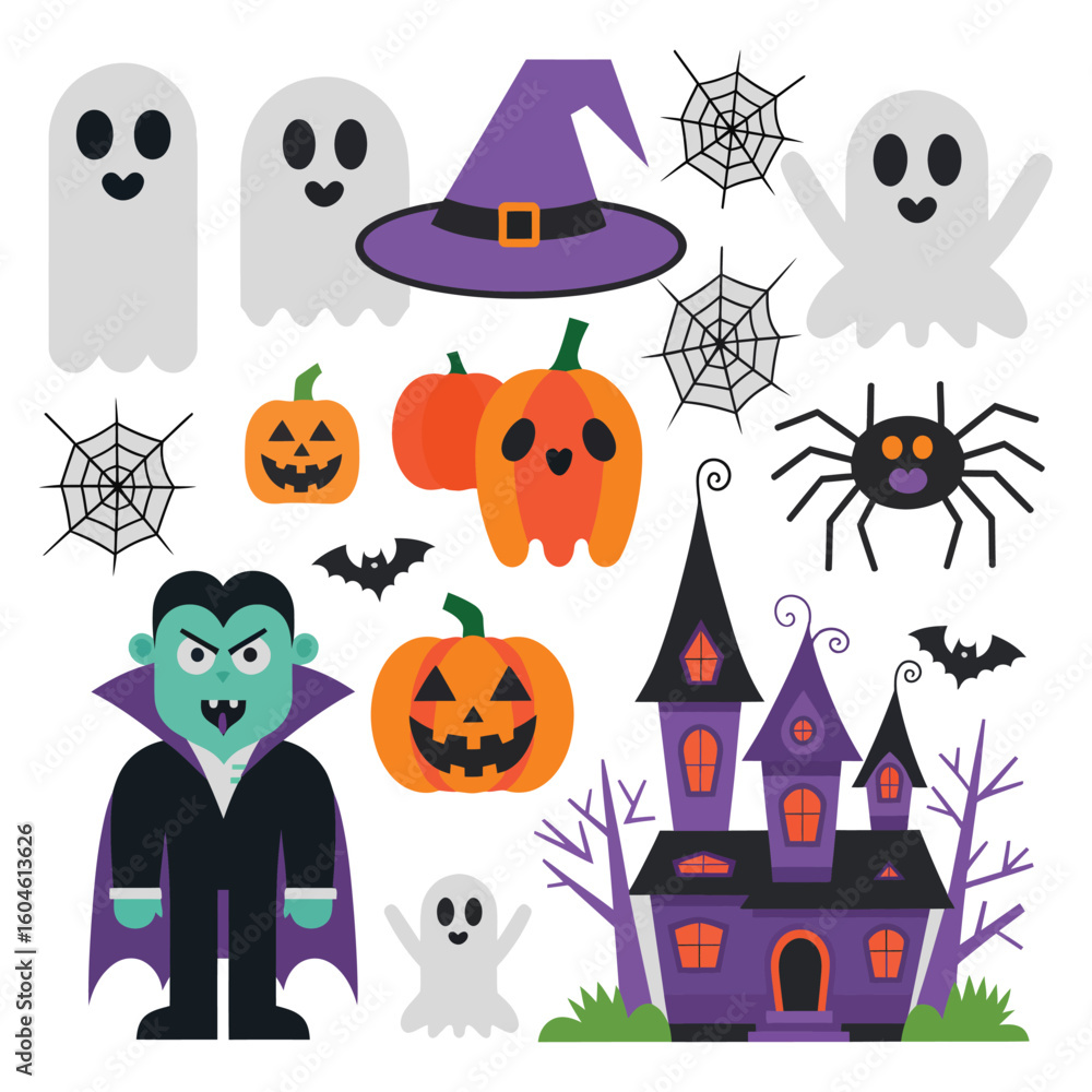 Fototapeta premium Bright Halloween Clipart for Kids Vampire, Spooky House & Monsters