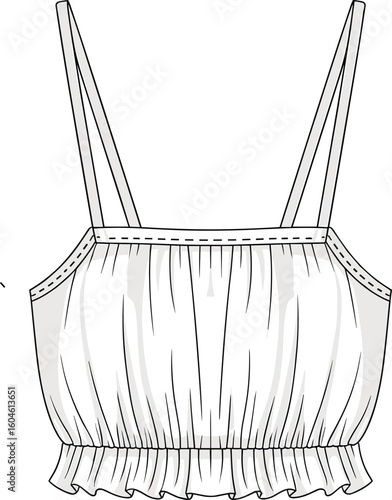 Women’s ruched crop top vector, spaghetti straps, elasticated hem, summer casual wear, lightweight fabric, stylish design, CAD drawing, flat vector illustration