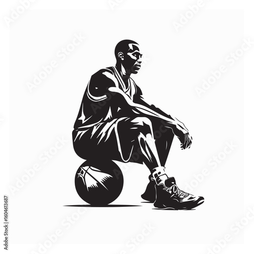 Silhouette of Man Resting After Basketball Game Holding Ball in Hand
