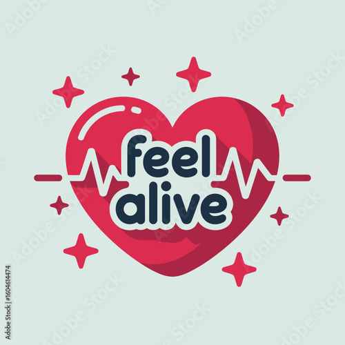 Vibrant red heart with feel alive text and ekg line surrounded by sparkles symbolizing health and vitality