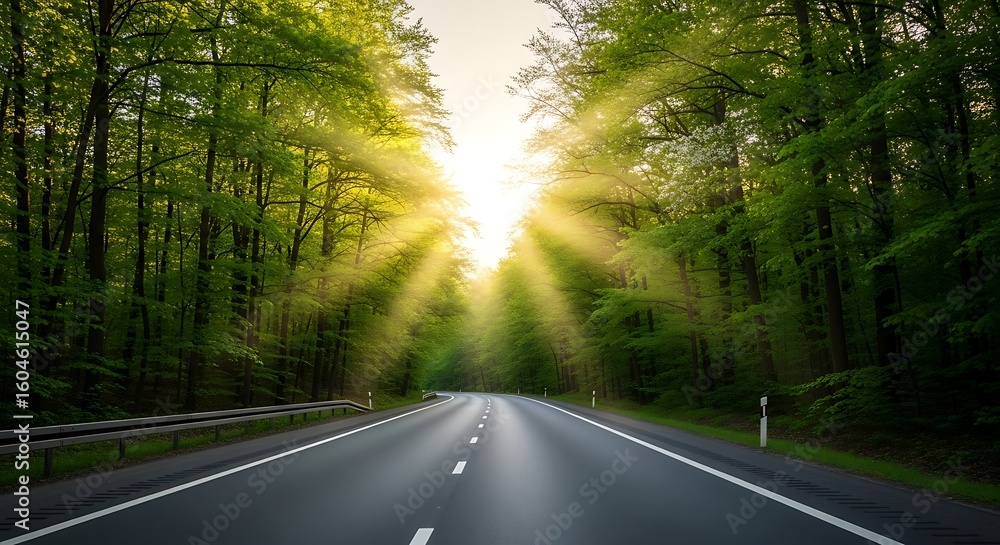 Obraz premium Sunlight streams through a forest on a highway.
