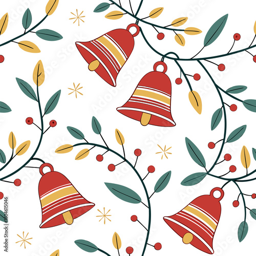 Christmas bells and holly berries seamless pattern