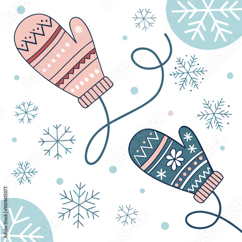 Cozy winter mittens with snowflakes and decorative patterns