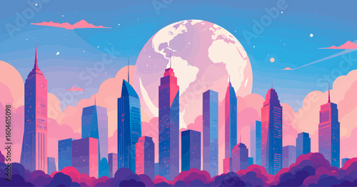 Dreamy Cityscape with Global Globe and Sunset Hues