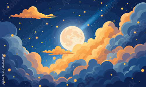 Dreamy Night Sky with Full Moon and Whimsical Clouds