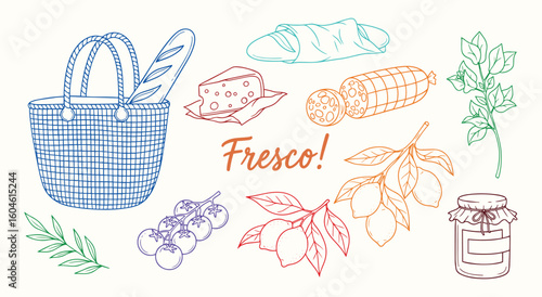 Colorful Italian market "Fresco" vector illustration set. Hand drawn sketch of fresh food like bread, cheese, salami, tomatoes, and lemons for grocery, menu, and cooking design.