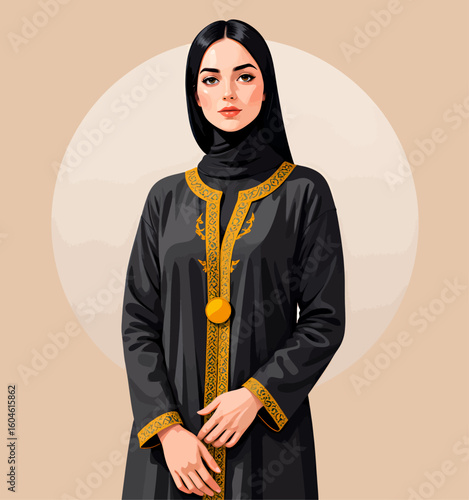Elegant Woman in Traditional Black Abaya with Gold Embroidery