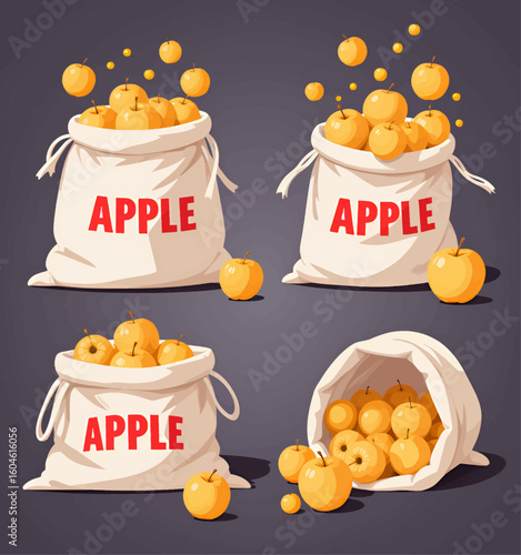 Four Bountiful Apple Sacks Overflowing with Golden Apples