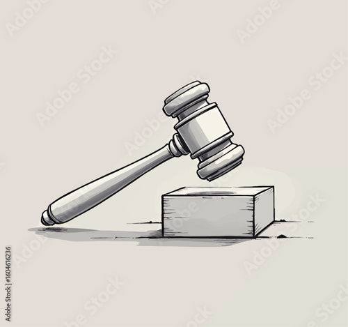 Gavel Striking Block in Courtroom Setting, Black and White Illustration