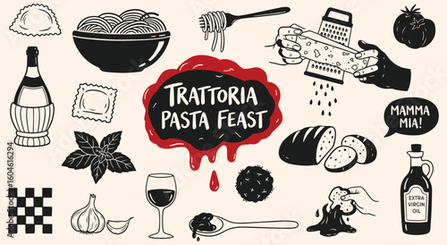 Trattoria Pasta Feast vector illustration set. Hand drawn Italian food elements like spaghetti, ravioli, wine, cheese, and olive oil for restaurant, menu, and cooking design.