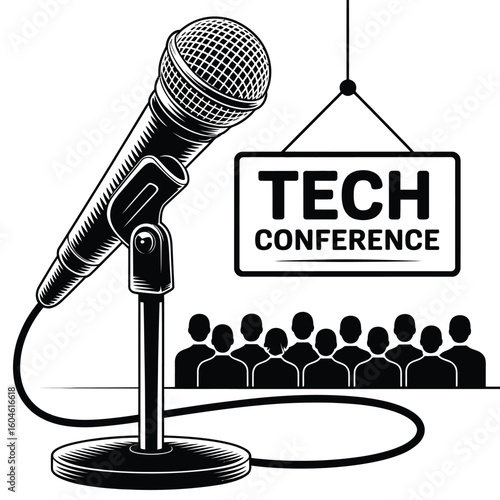 Tech Conference Illustration with Microphone and Audience in Black and White
