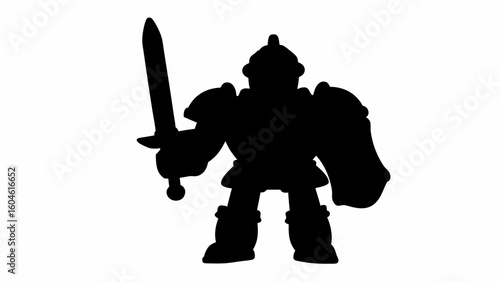 Silhouette of a knight with a sword and shield standing tall in a defensive posture ready for battle