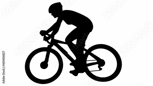 Silhouette of a cyclist wearing a helmet riding a mountain bike on a white background in a side view